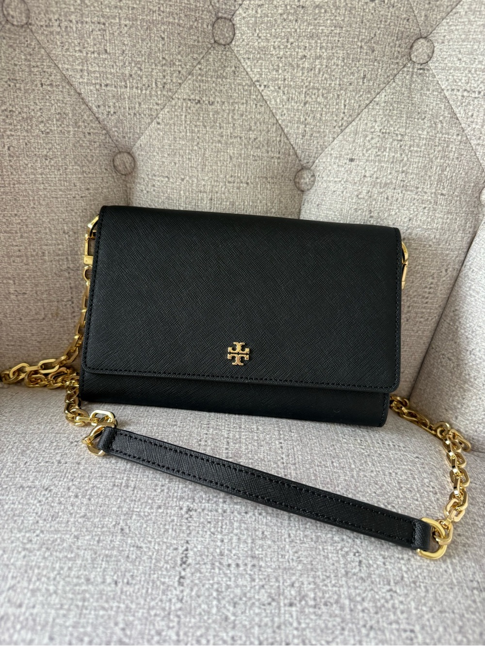 Tory Burch Black Leather Crossbody with Gold Chain